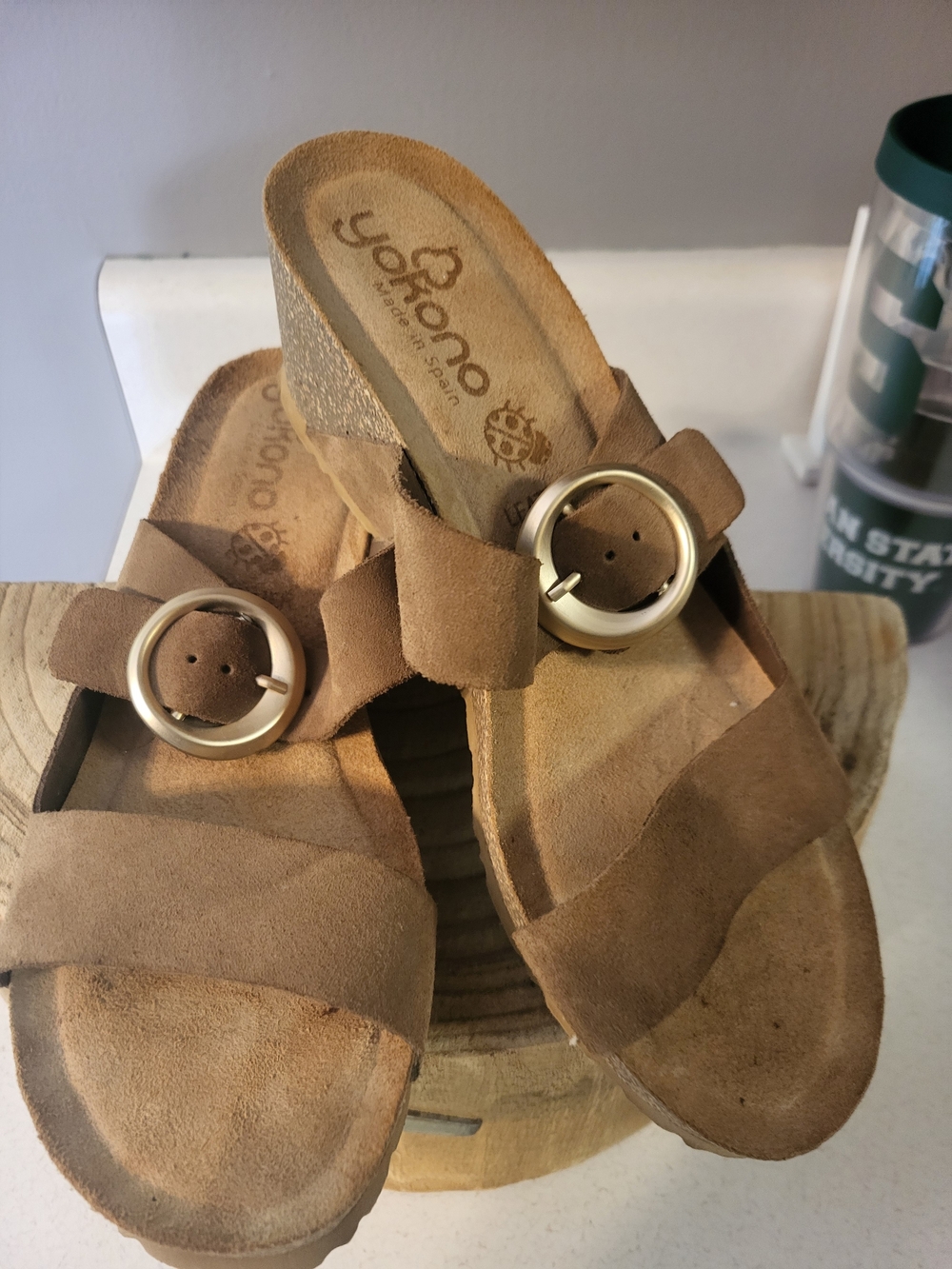 Yokono Tan Suede Slide Sandals with Gold Buckle